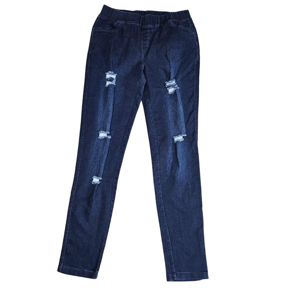 Lara High Rise Distressed Jeggings Womens L Blue Dark Wash Pull On Stretch Denim